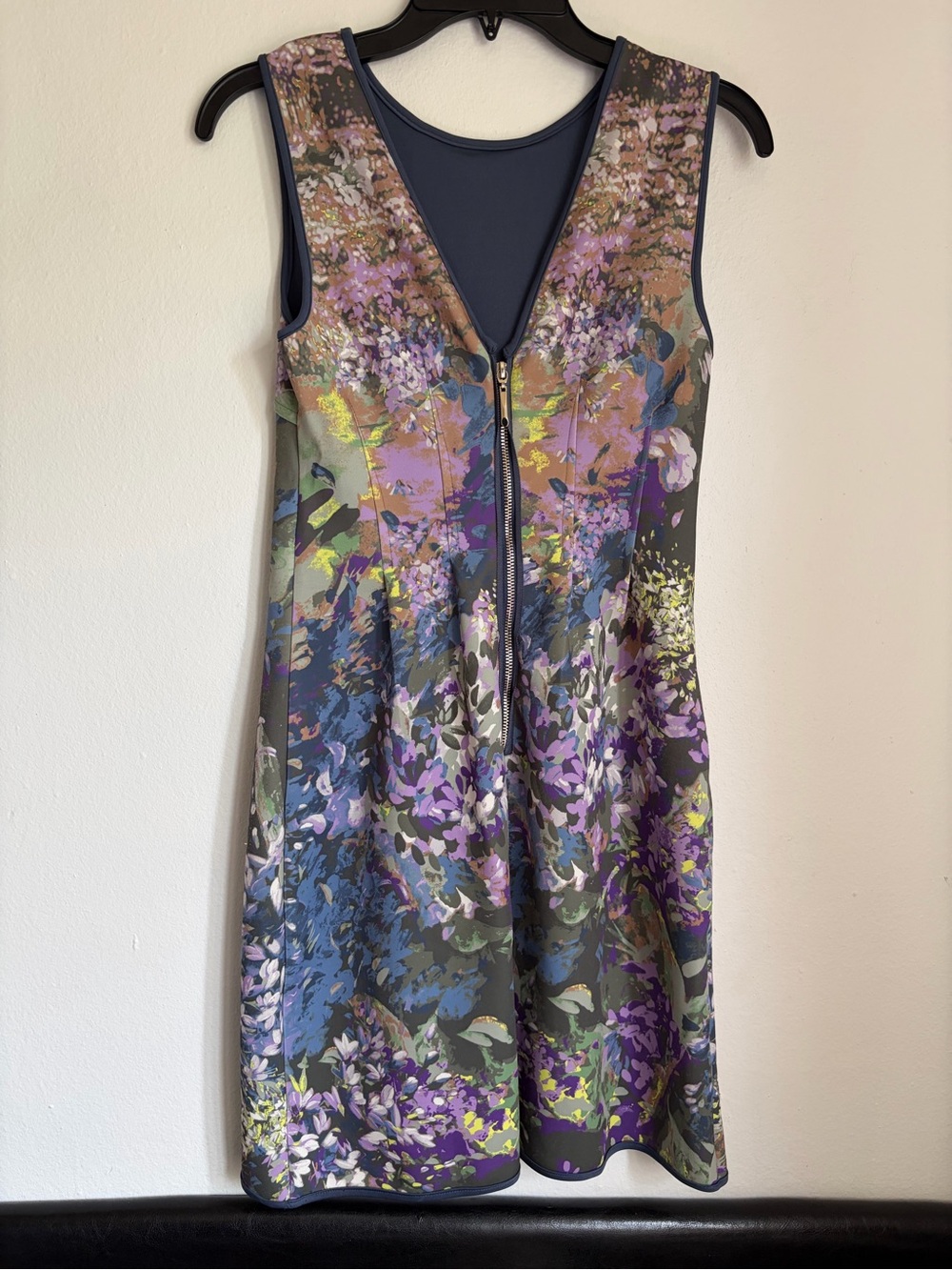 White House Black Market Floral Zip-Front Mini Dress in Purple, Blue and Green